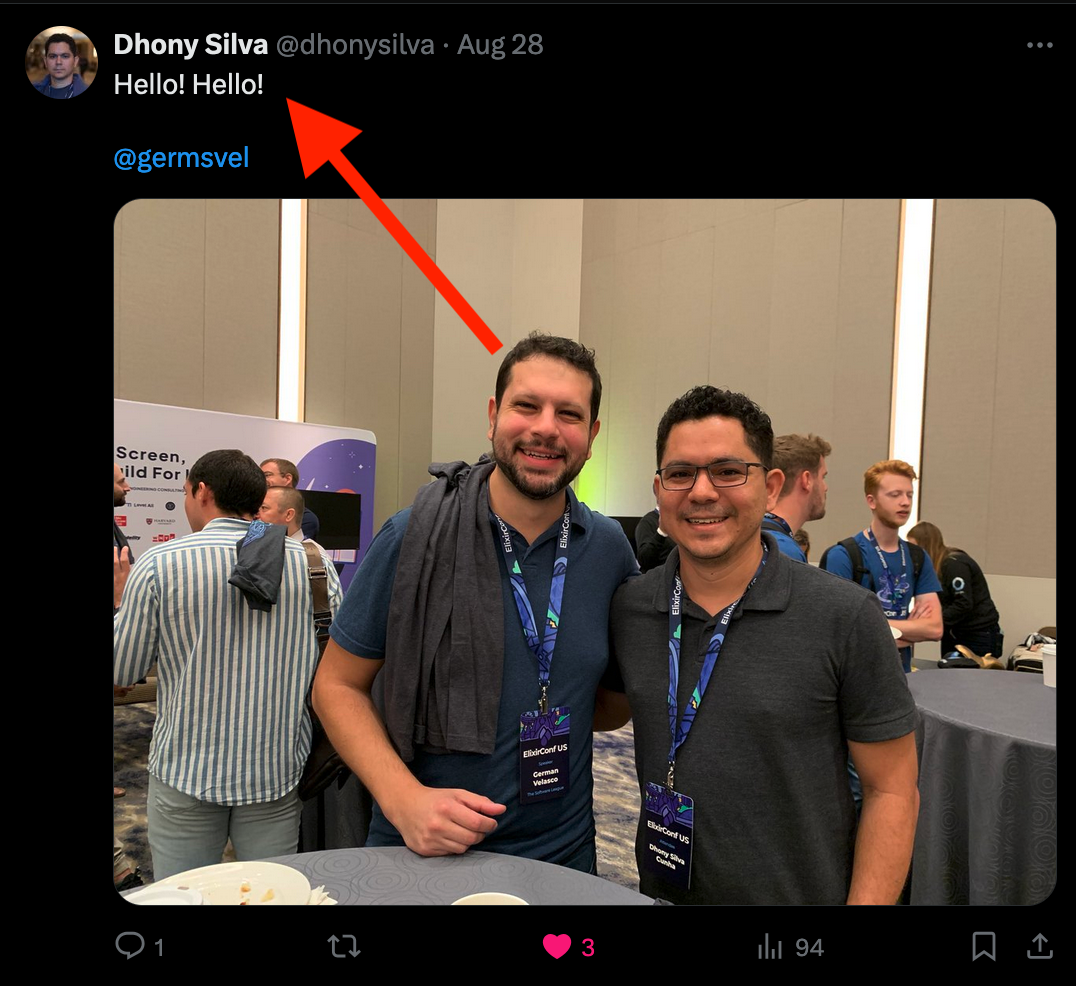 An tweet posted by Dhony of an image of me and him at ElixirConf with the words Hello! Hello!