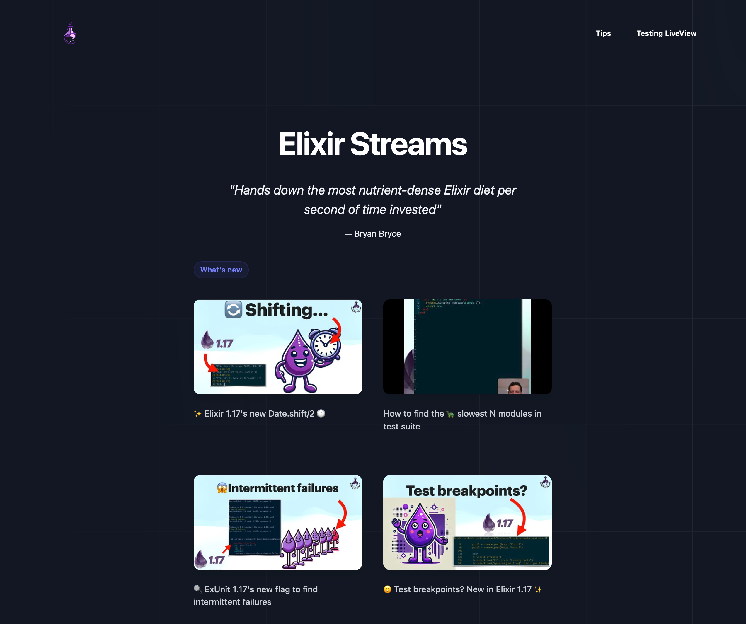 A screenshot of the Elixir Strems website's homepage